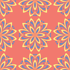 Fototapeta na wymiar Floral seamless pattern. Bright pink orange background with yellow and blue flower elements