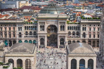 Milan, Italy / May 31, 2018: aerial view of Vittorio Emanuele Gallery from Martini lounge rooftop