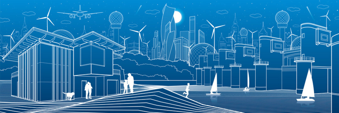 Futuristic City. Urban life. Town infrastructure. Industrial illustration. River dam. Hydroelectric power station. People walking. Modern houses. Airplane fly. White lines, blue background. Vector art