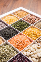 Indian Beans,Pulses,Lentils,Rice and Wheat grain in a white wooden box with cells, selective focus.