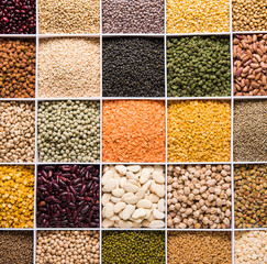 Indian Beans,Pulses,Lentils,Rice and Wheat grain in a white wooden box with cells, selective focus.