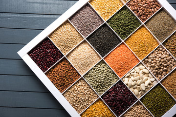 Indian Beans,Pulses,Lentils,Rice and Wheat grain in a white wooden box with cells, selective focus.
