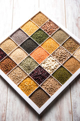 Indian Beans,Pulses,Lentils,Rice and Wheat grain in a white wooden box with cells, selective focus.