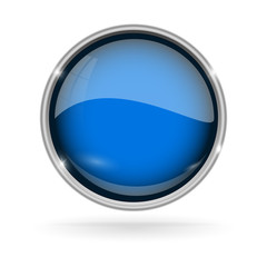 Blue button with chrome frame. Round glass shiny 3d icon