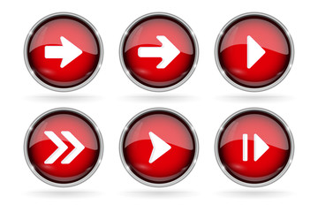 Red Next buttons with chrome frame. Round glass shiny 3d icons with arrows