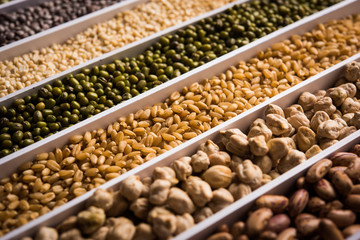 Indian Beans,Pulses,Lentils,Rice and Wheat grain in a white box with cells or strips, selective focus.