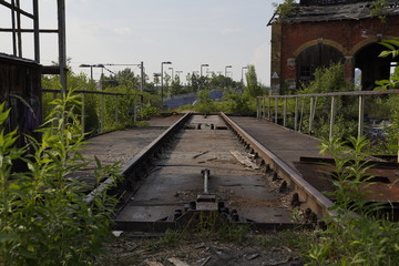 Old abandoned train repair factory (Reichsbahnausbesserungswerk / altes Bahnhofsgebäude) in Leipzig, Germany