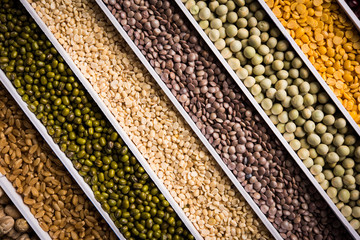 Indian Beans,Pulses,Lentils,Rice and Wheat grain in a white box with cells or strips, selective focus.