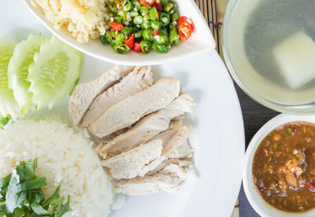 Hainanese chicken rice , Thai gourmet steamed chicken with rice