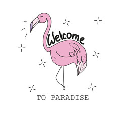 Pink cute flamingo - Textile graphic t shirt print. Vector illustration on white background
