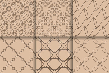 Fototapeta premium Brown seamless patterns. Set geometric background