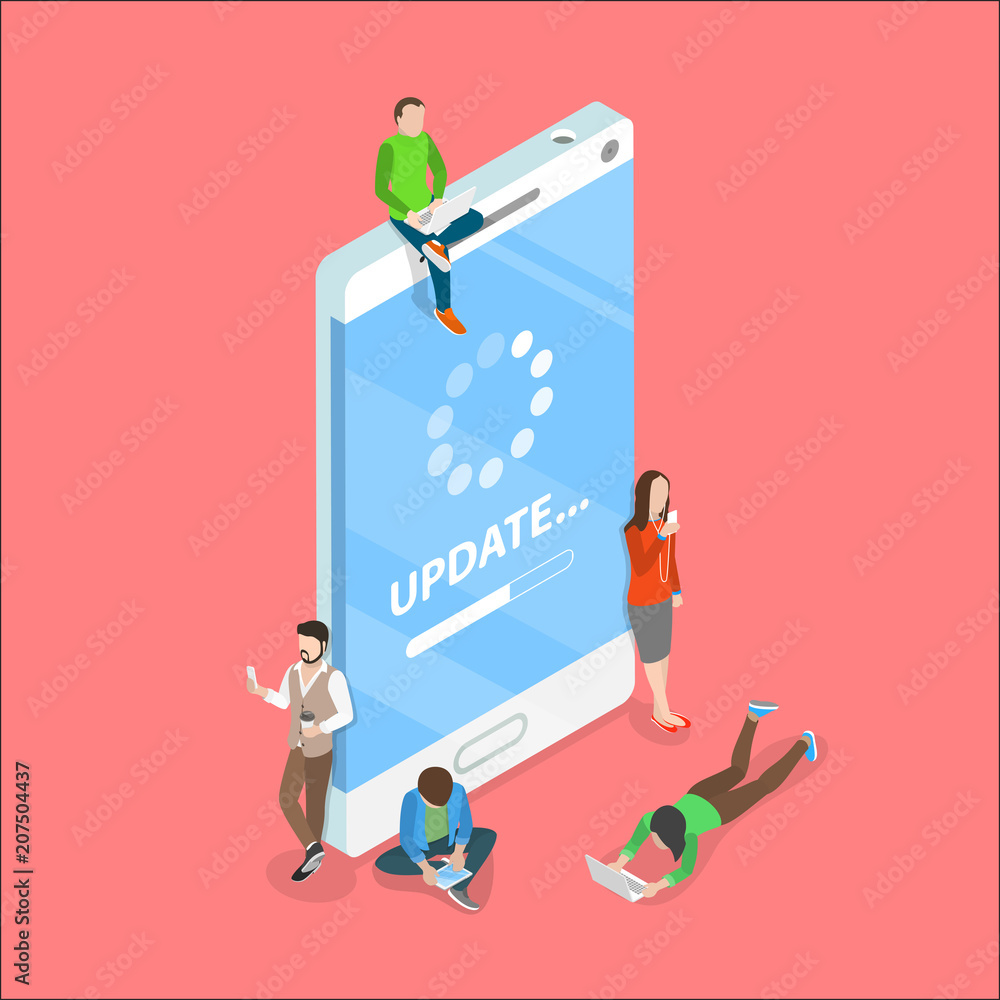 Aufkleber flat isometric vector concept of smartphone app update, loading process, system upgrade.