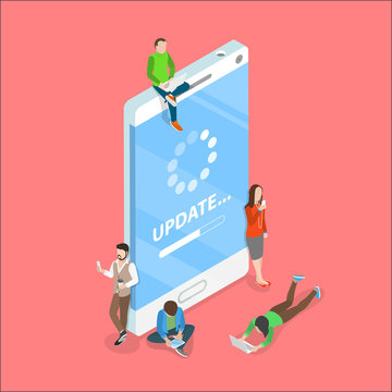 Flat isometric vector concept of smartphone app update, loading process, system upgrade.