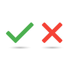 Green checkmark OK and red X icons, isolated on white background. Simple marks graphic design. Symbols YES and NO button