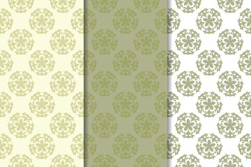 Set of  olive green floral backgrounds. Seamless patterns