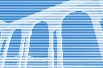 Image collage of rotunda gazebo on the seafront from horizontal lines and paths of variable color blue thickness. Vector illustration.