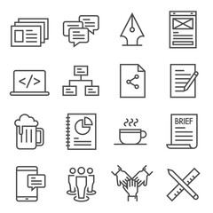 Teamwork Outline Vector Icon Set. Included the icons as presentation, comment, mockups, flow chart, coffee break, beer and more.