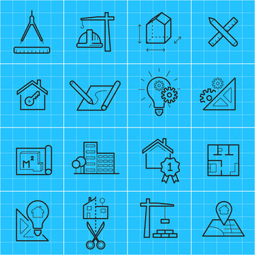 Engineering icon, simple line design, architecture and construction elements, vector illustration