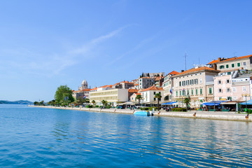 Fototapeta na wymiar Sailing away from UNESCO town of Sibenik, Croatia