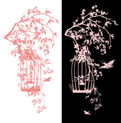 Obraz premium bird cage among sakura blossom - spring season blooming garden vector design