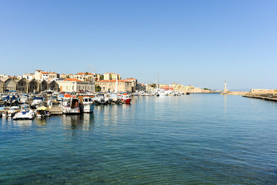View of the Venetian port of Chania with the ancient venetian shipyards and center of mediterranean architecture