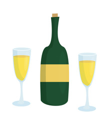 Champagne Bottle Without Label and Two Glasses