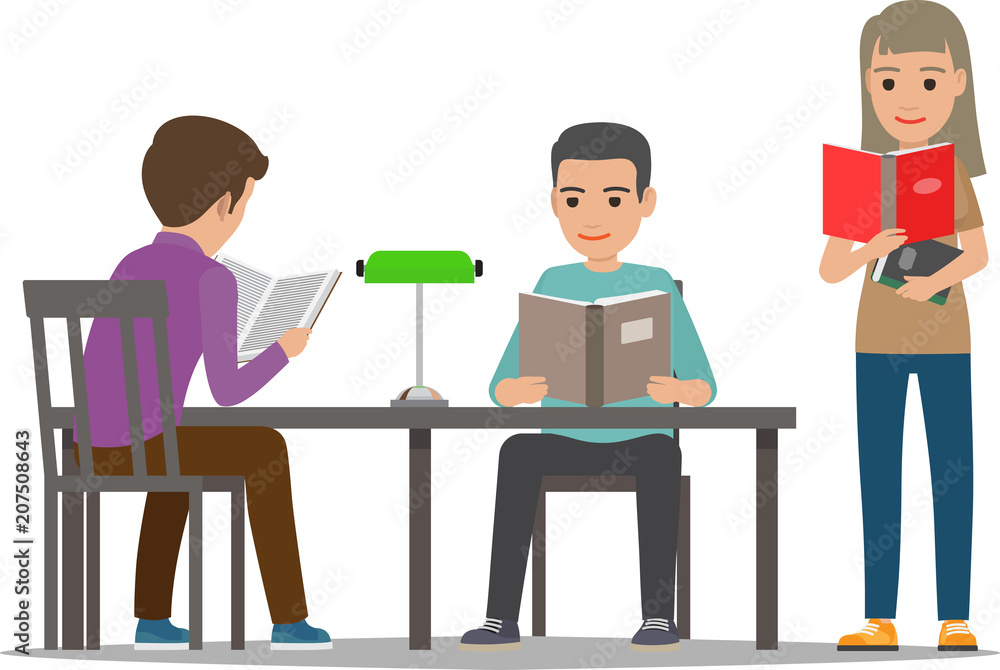 Poster students reading textbook in library flat vector