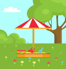 Sandbox and Umbrella Striped Tent with Sand Vector