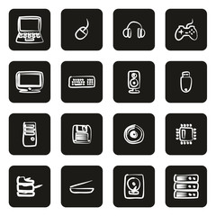 Computer Hardware Icons Freehand White On Black