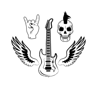 Rock and Roll Symbols Electric Guitar Punk Skull