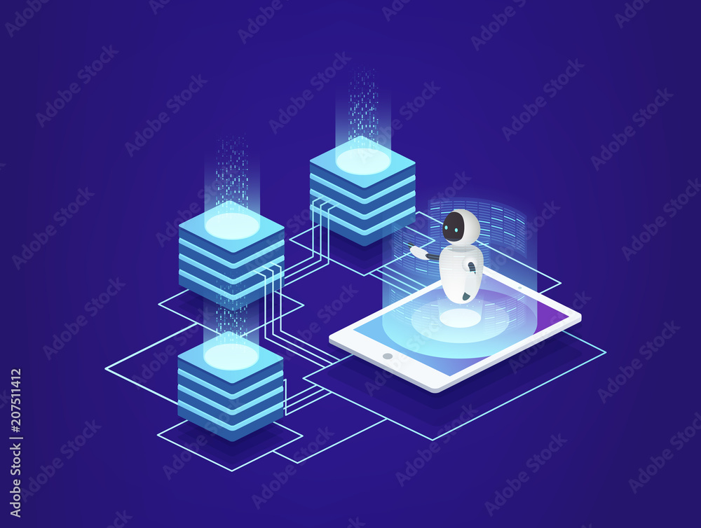 Poster server station, data center. digital information technologies under control of artificial intelligen