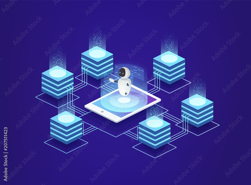 Poster server station, data center. digital information technologies under control of artificial intelligen