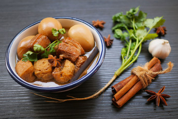 Eggs and pork tofu in sweet sauce,Thai food
