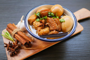 Eggs and pork tofu in sweet sauce,Thai food
