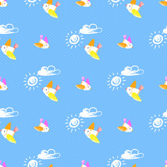 Sun Bird with Cloud Pattern Vector Illustration