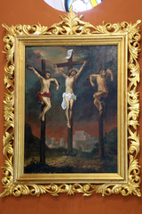 Calvary, Saint Dizma beside Jesus on the cross, Chapel of Saint Dismas in Zagreb, Croatia