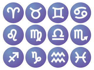 Zodiac signs: aquarius, libra, leo, taurus, cancer, pisces, virgo, capricorn, sagittarius, aries, gemini, scorpio. Astrological calendar collection, zodiacal color vector horoscope. Colorful elements