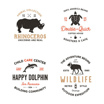 Wild animal Badges set and great outdoors activity insignias. Retro illustration of animal badges. Typographic camping style. Stock wild Animal logos with letterpress effect. wildlife labels