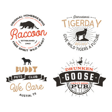 Wild animal Badges set and great outdoors activity insignias. Retro illustration of animal badges. Typographic camping style. Stock wild Animal logos with letterpress effect. Pub, cafe labels