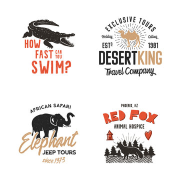 Wild animal Badges set and great outdoors activity insignias. Retro illustration of animal badges. Typographic camping style. Stock wild Animal logos, letterpress effect. Tourism agency labels
