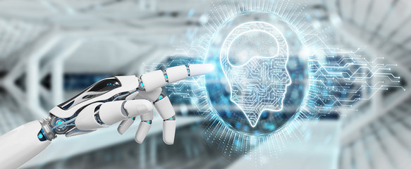 White humanoid hand using digital artificial intelligence icon hologram 3D rendering