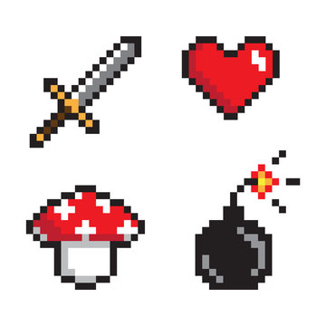 Glowing Icons of Heart and Sword Bomb and Mushroom