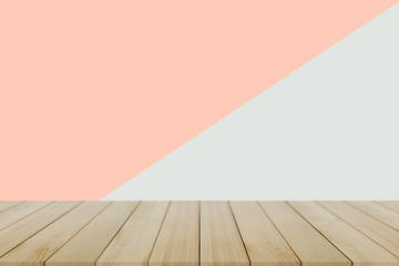 Empty wooden desk of free space and colour pastel for a catering or food background,Template mock up for display montages of product.