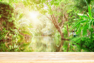 Empty wooden desk of free space and spring time with Morning sun light with wind blowing leaves in the lake park,Template mock up for display montages of product.