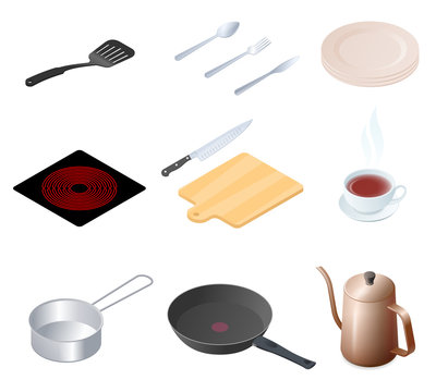 Flat isometric illustration of kitchen utensils, kitchenware and cookware set. The cooking equipment, cuisine accessories, crockery vector elements isolated on white background.