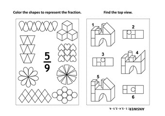 Two visual math puzzles and coloring pages. Color the shapes to represent the fraction. Find the top view. Black and white. Answers included.
