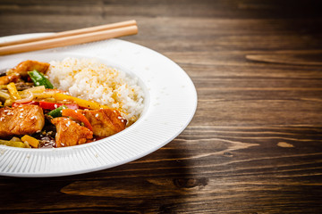 Chicken meat with rice and vegetables