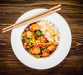 Chicken meat with rice and vegetables