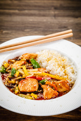 Chicken meat with rice and vegetables