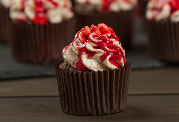 Halloween Cupcakes. Blood Topping, Whipped Cream, Chocolate. Home Baked.